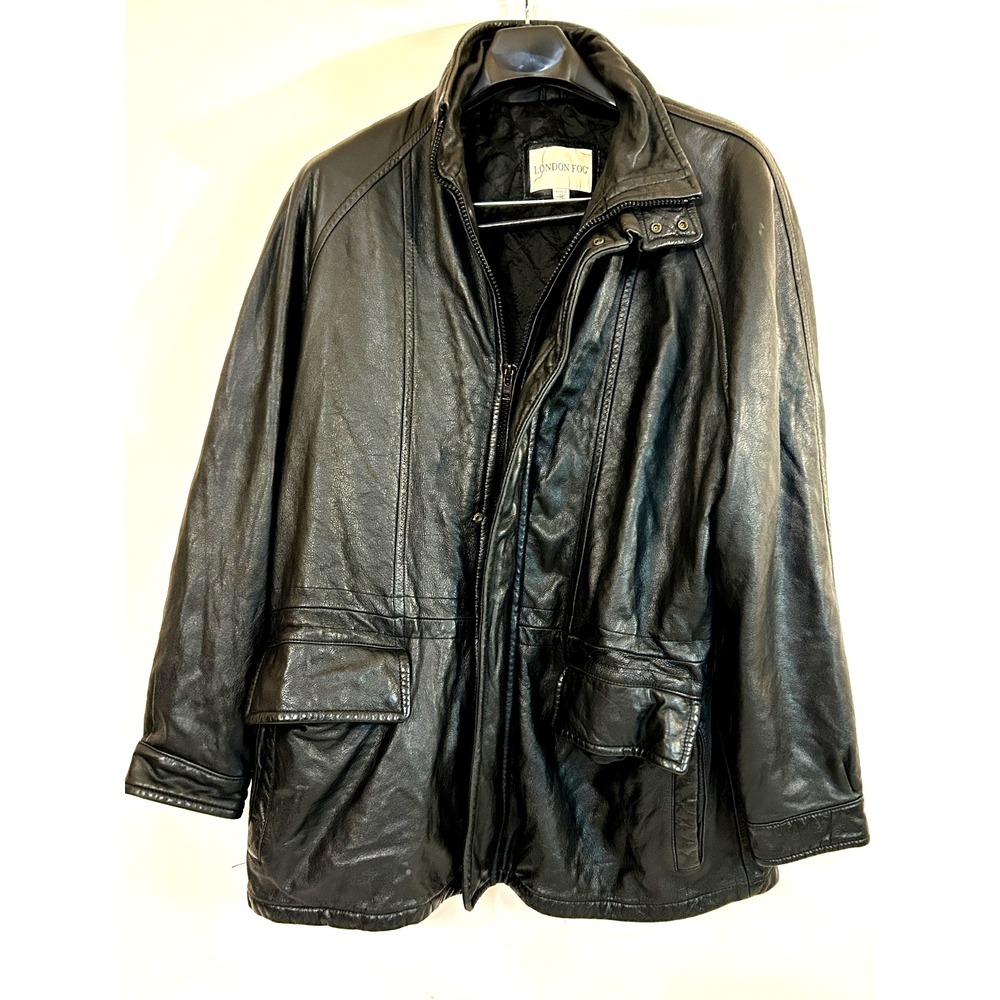 London Fog Jacket Mens XL Black Barn Chore Leather Full Zip Coat Pockets